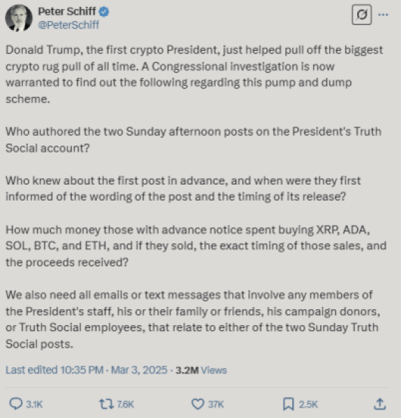 Peter Schiff X post on Donald Trump potentially manipulating the markets