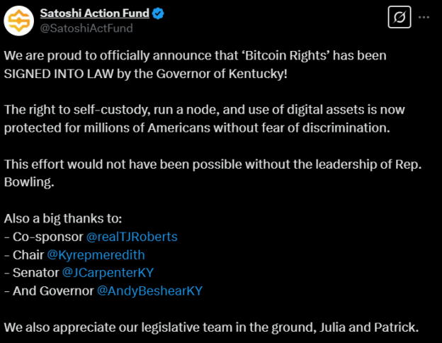 Kentucky Passes ‘Bitcoin Rights’ Law To Protect Crypto Users 2 Satoshi Action Fund