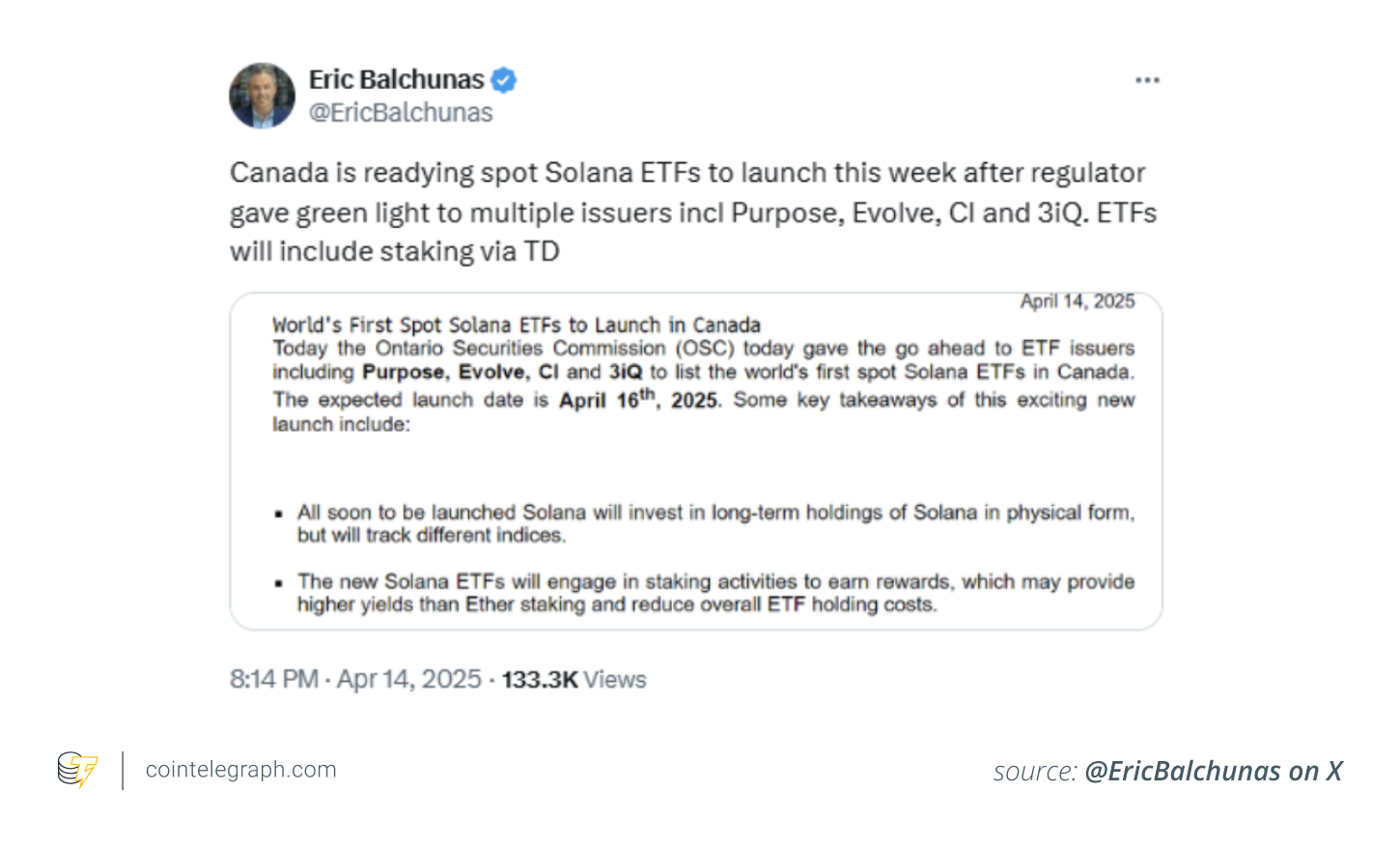 ETF analyst Eric Balchunas shares news about the Canadian regulator greenlighting SOL spot ETFs with staking