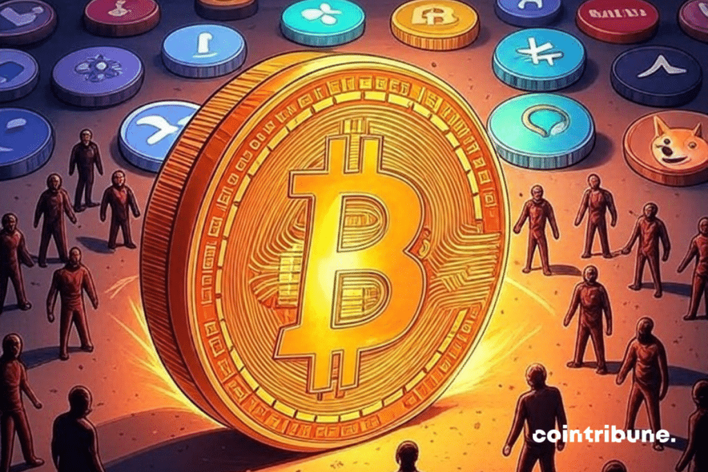 Giant bitcoin surrounded by individuals and miniature altcoins