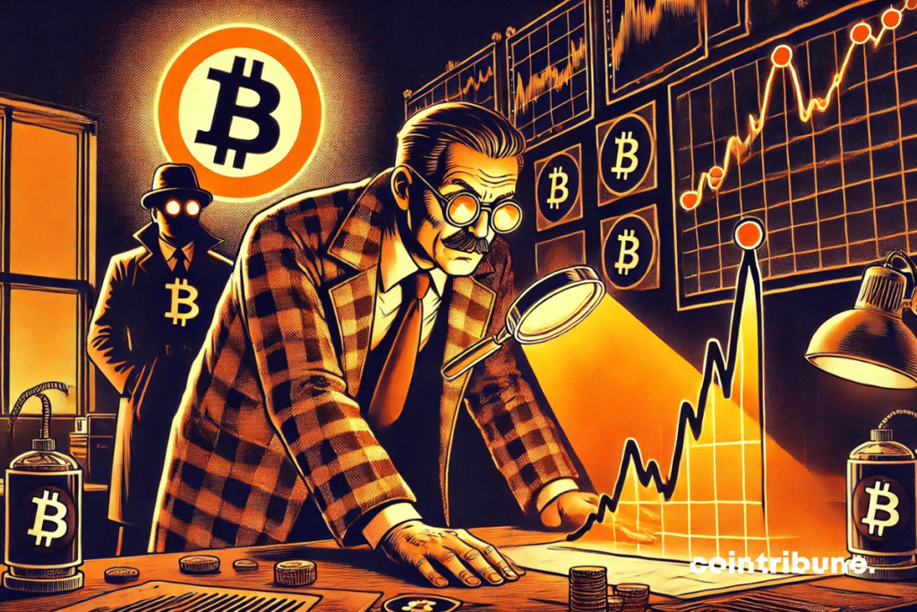 Illustration de John Bollinger qui scrute avec intensité un graphique du bitcoin.