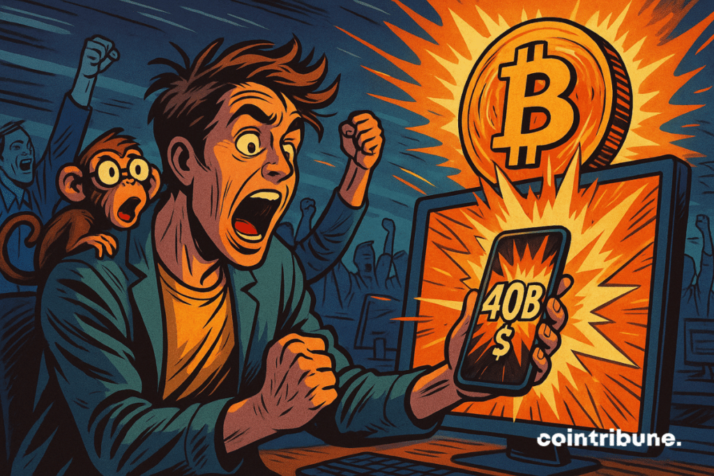 A young crypto investor, wearing a casual jacket, messy hair, leaning toward a glowing screen displaying “B” in giant numbers — symbolizing the explosion of Bitcoin’s supply.