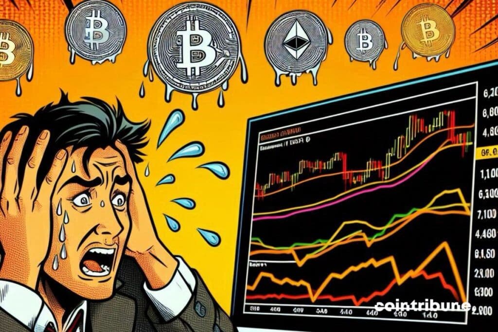 A sweaty crypto investor in front of a monitor displaying bitcoin, Ethereum and ripple curves.