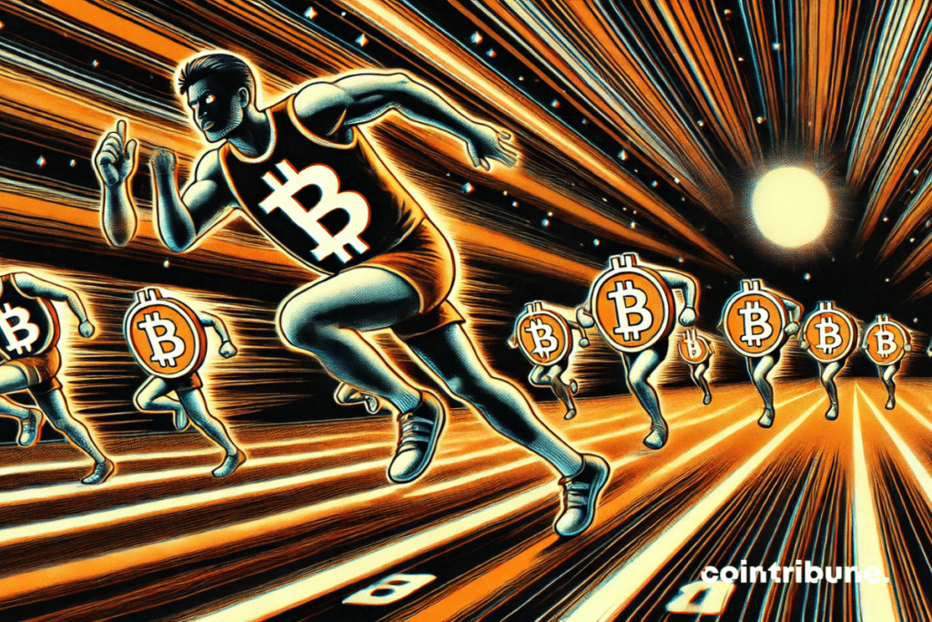 Un coureur au symbole Bitcoin trébuchant, regardant derrière lui. Les altcoins en pleine accélération