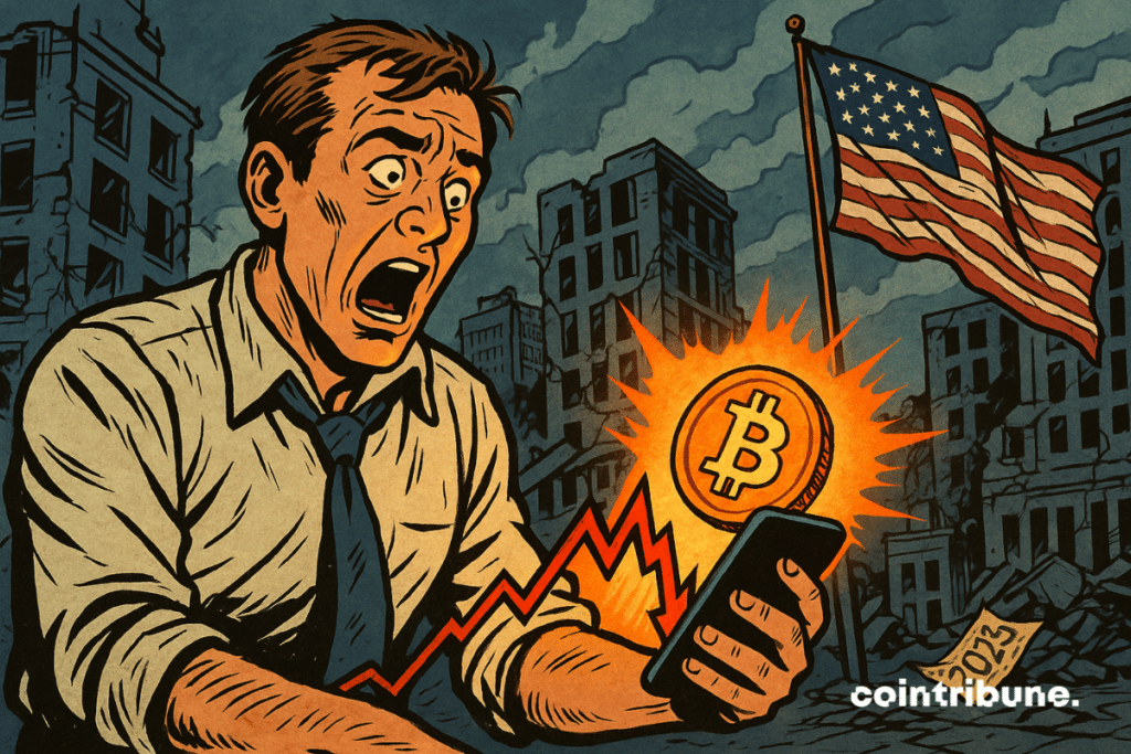 Trader in rumpled shirt, loose tie. Back arched, mouth open in amazement, staring at a phone screen. A descending red graphic... followed by a shiny, soaring Bitcoin logo.