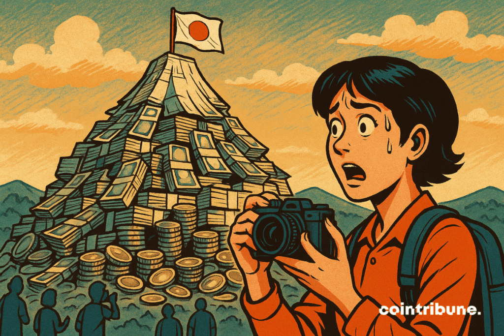 Japanese woman in front of a mountain of bills in the shape of Mount Fuji.